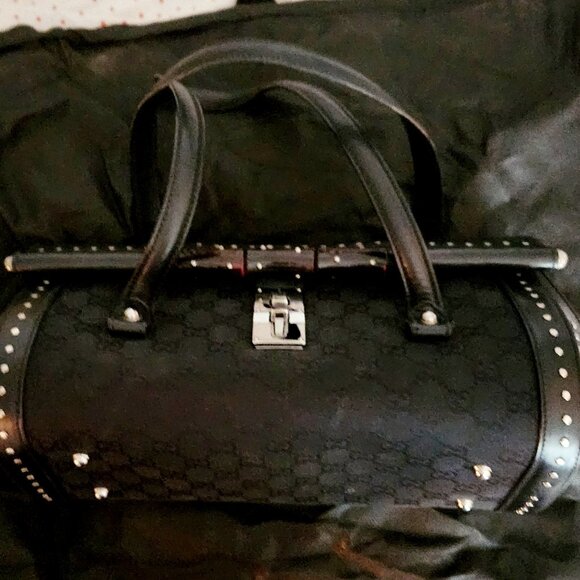 Authentic Gucci Monogram Bullet Satchel Handbag with Bamboo Accent & Dust Bag - Picture 12 of 16